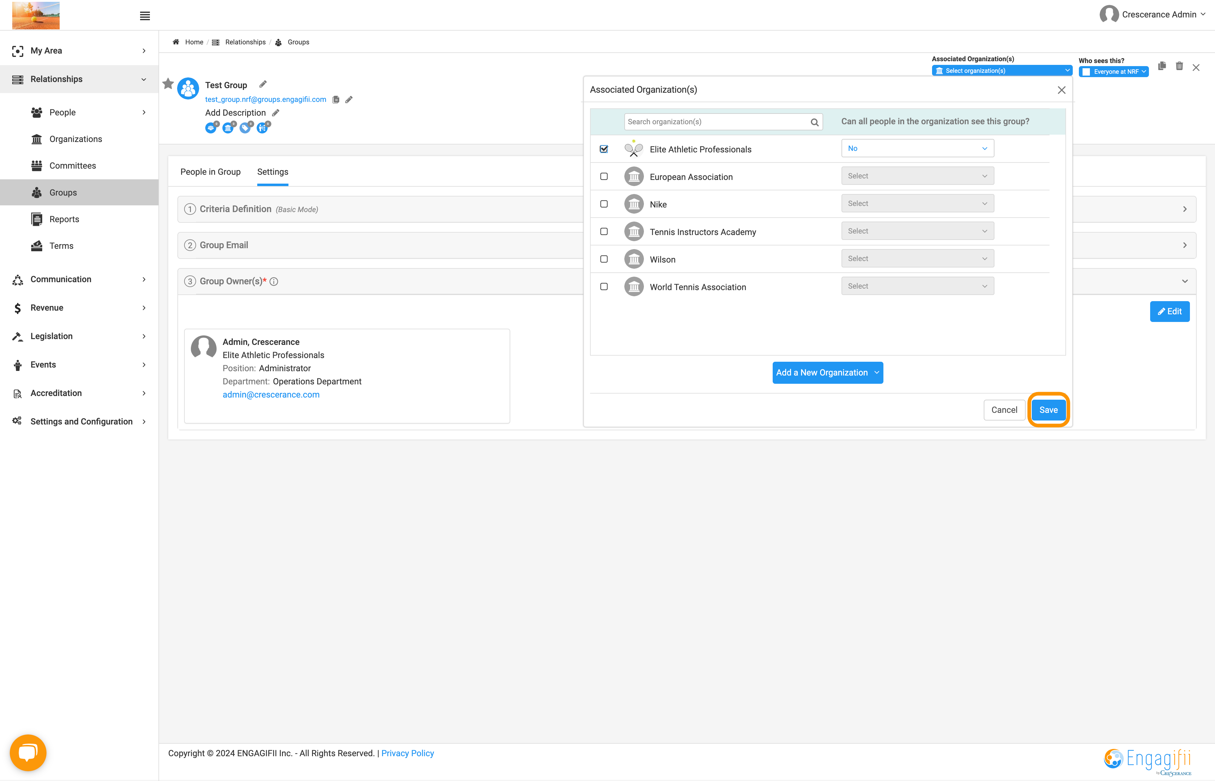 Click on Yes/No to determine if all the people within the organization can see the group and Save when finished.