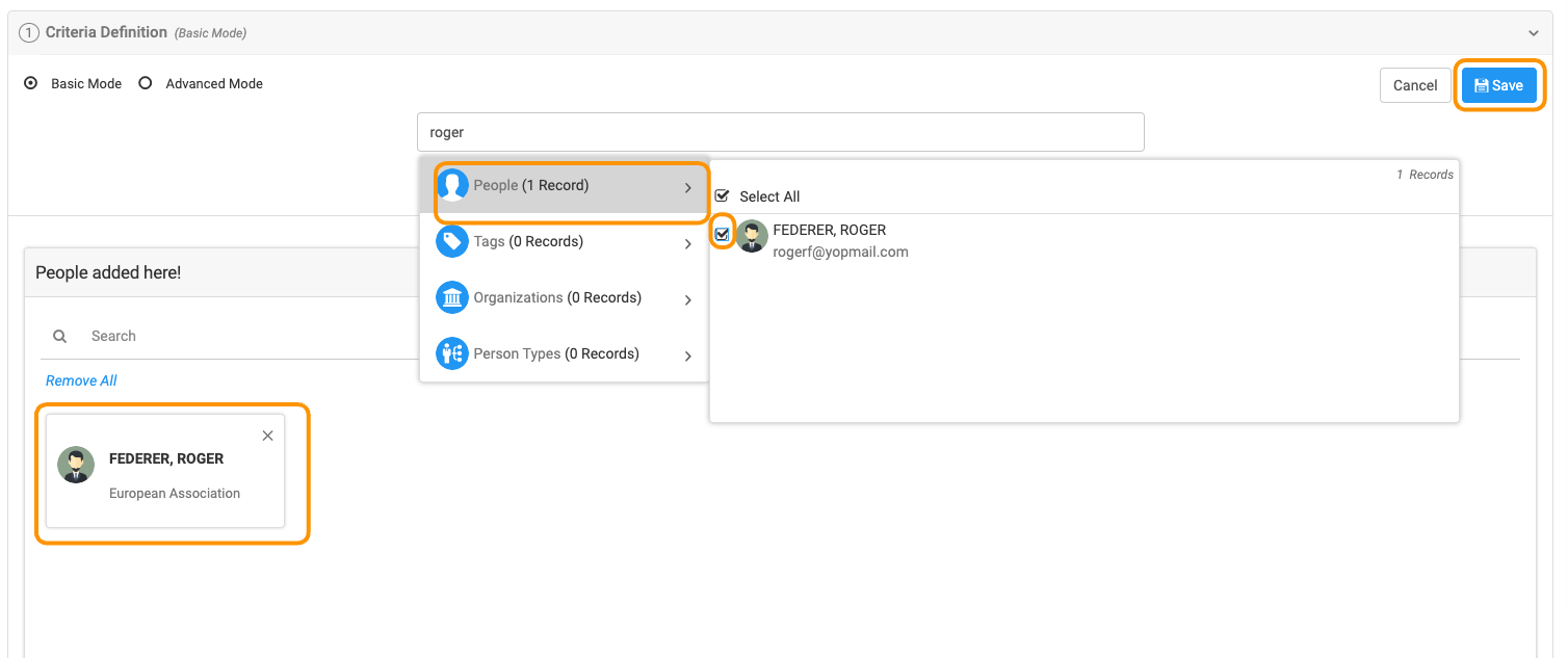Create the group with either Person Name, Tags, Organization Name or Person Type. Type in the first few letters & make your choice. Once selected, it will appear in the People Added Here section. Click Save when finished.