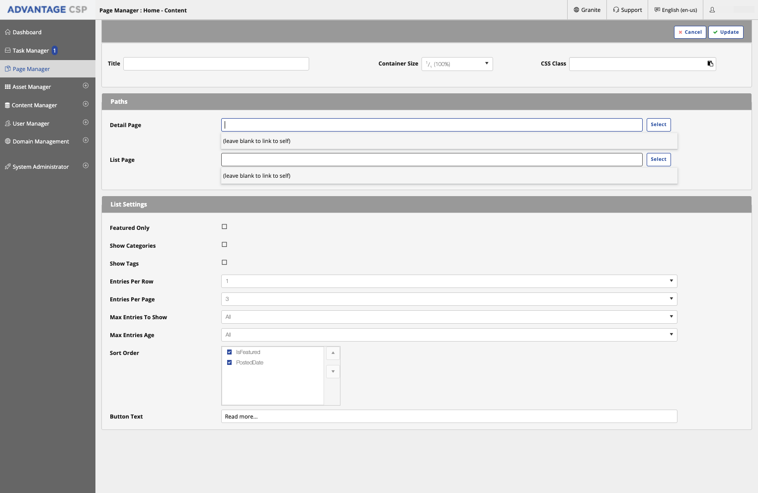 Select the page the will list the articles as a landing page.