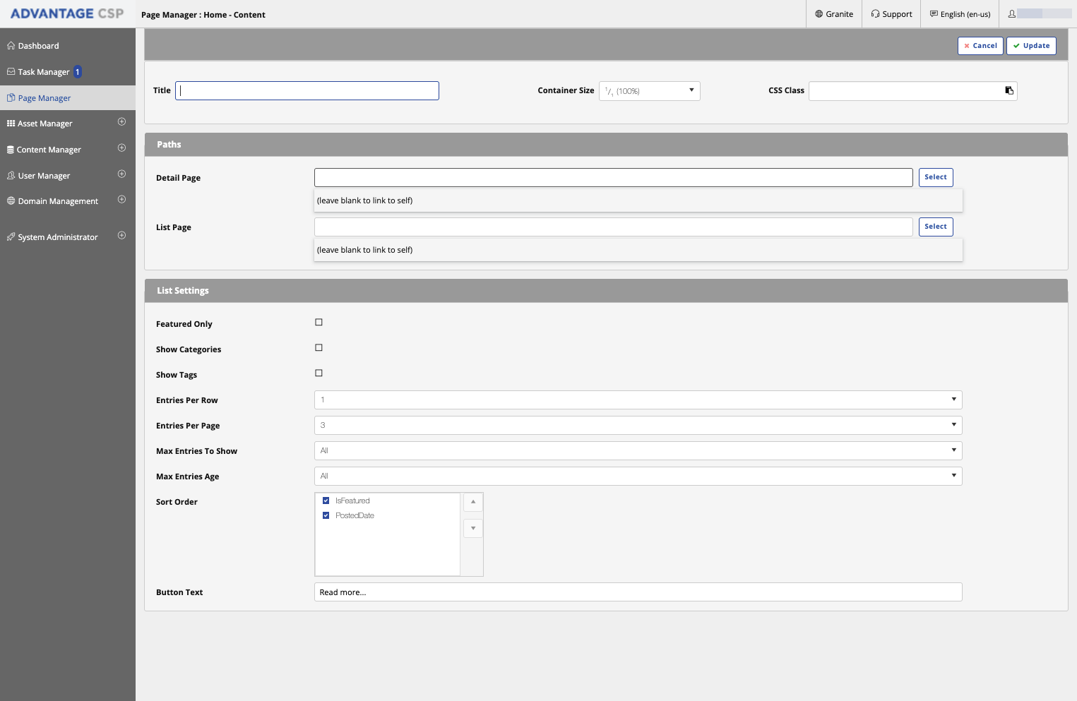 Select a detail page. Before this step go to Page Manager create a "News Detail" as a sub to the "News Lister" page.