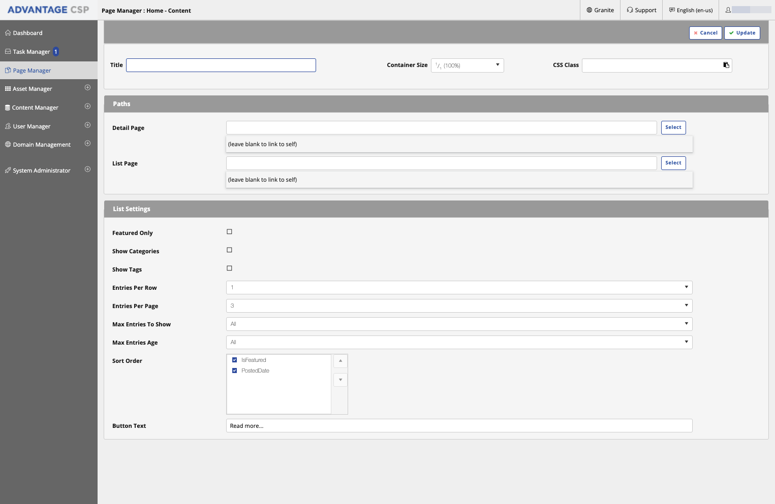 Select a detail page (every lister tool requires a detail page where the content will be displayed) and a List page, where the list of 'article enteries' will be listed.