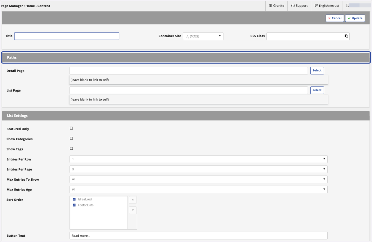 Select a detail page (every lister tool requires a detail page where the content will be displayed) and a List page, where the list of 'article enteries' will be listed.