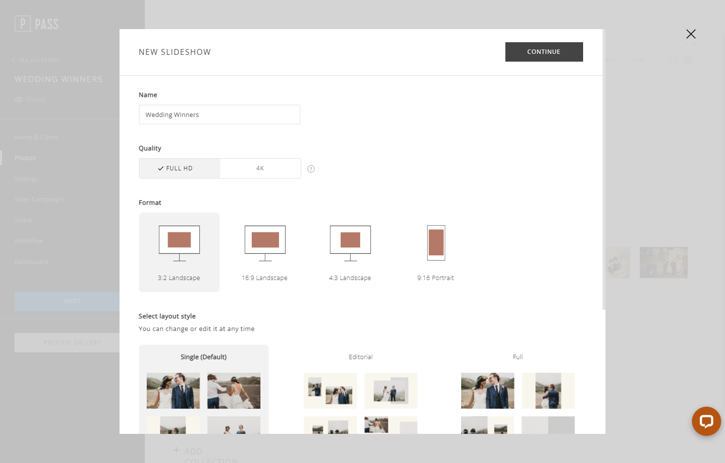 Select the quality. Full HD will create the slideshow in 1920x1080px, and 4K will create the slideshow in 3840px. Please note: to use 4K quality, you need to purchase the 4K Slideshow Add-On.