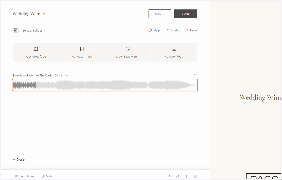 Music will cut with a fade to fit the slideshow length if your slideshow is shorter than the full song.