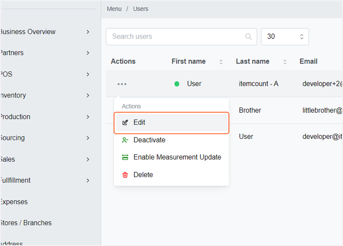 Click on Edit to update user
