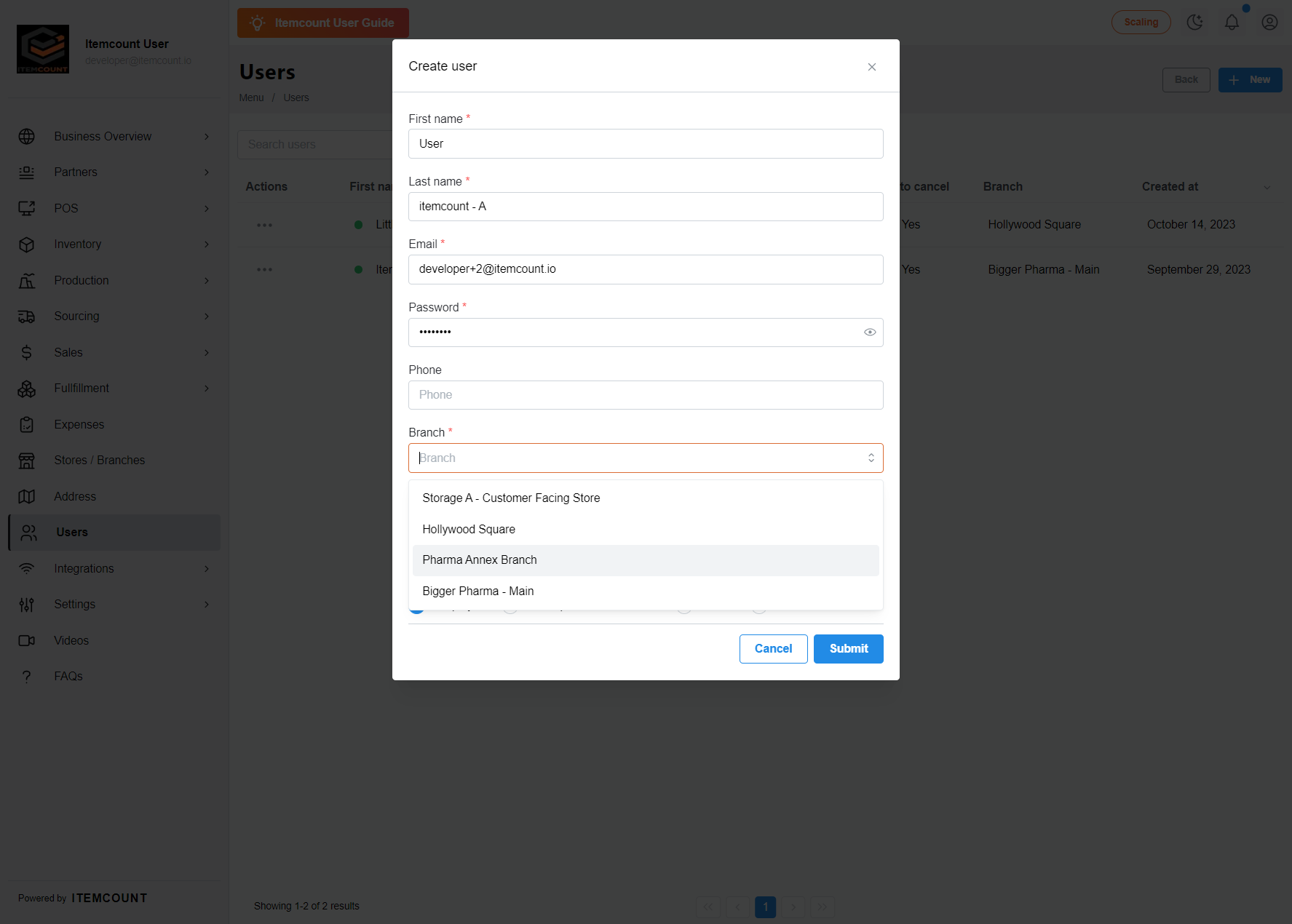 Choose the branch where you would like to assign this user.