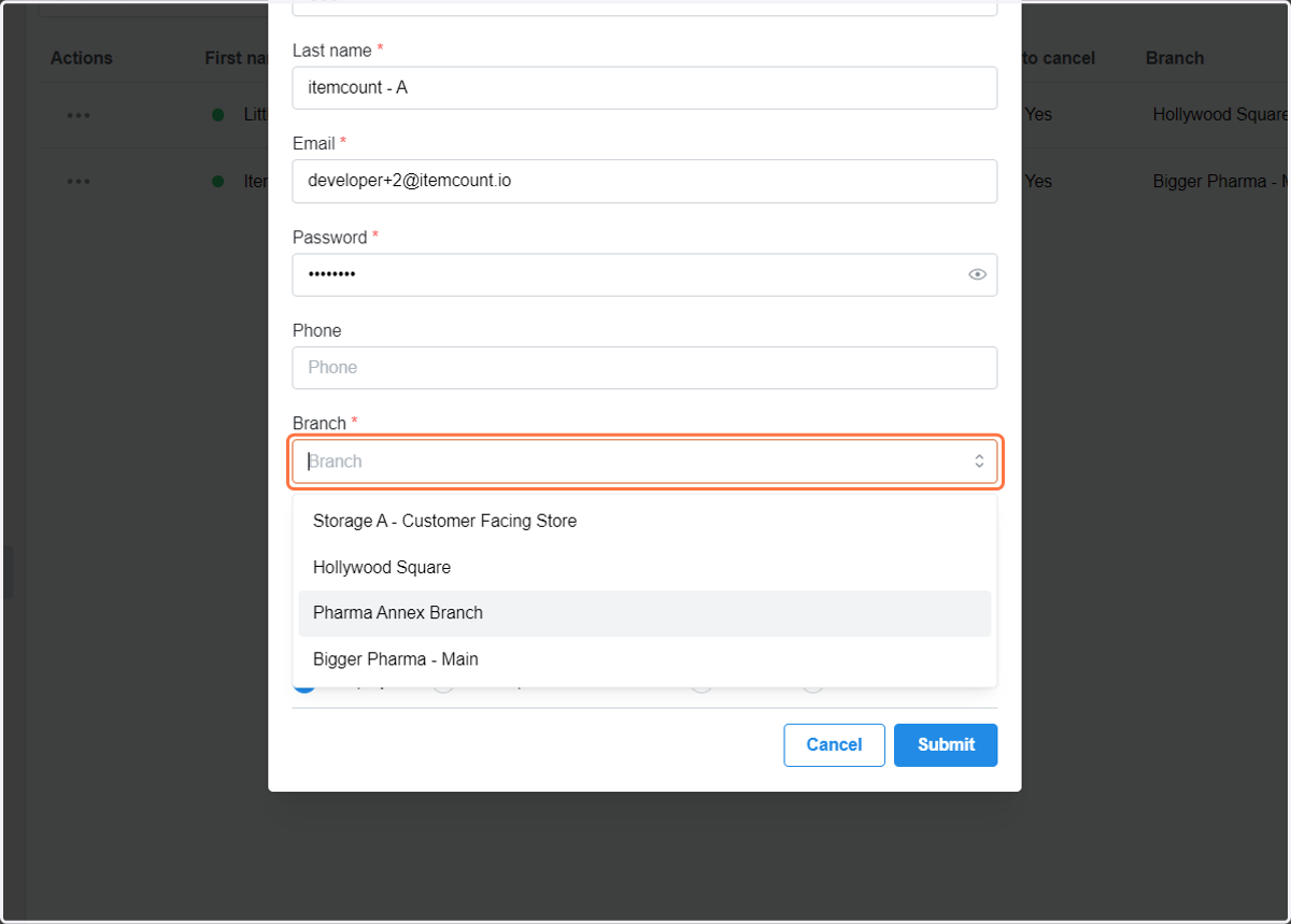 Choose the branch where you would like to assign this user.