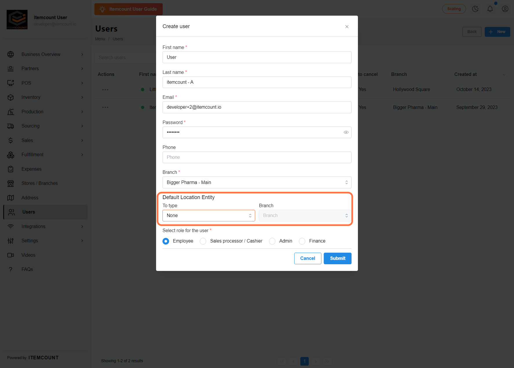 Default location entity - If this user uploads an item via csv file, the item is immediately stored to the type and branch set to this user.