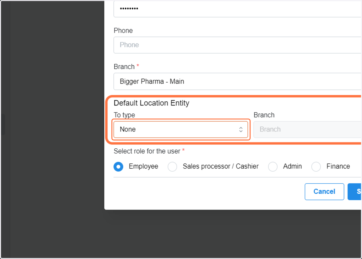Default location entity - If this user uploads an item via csv file, the item is immediately stored to the type and branch set to this user.