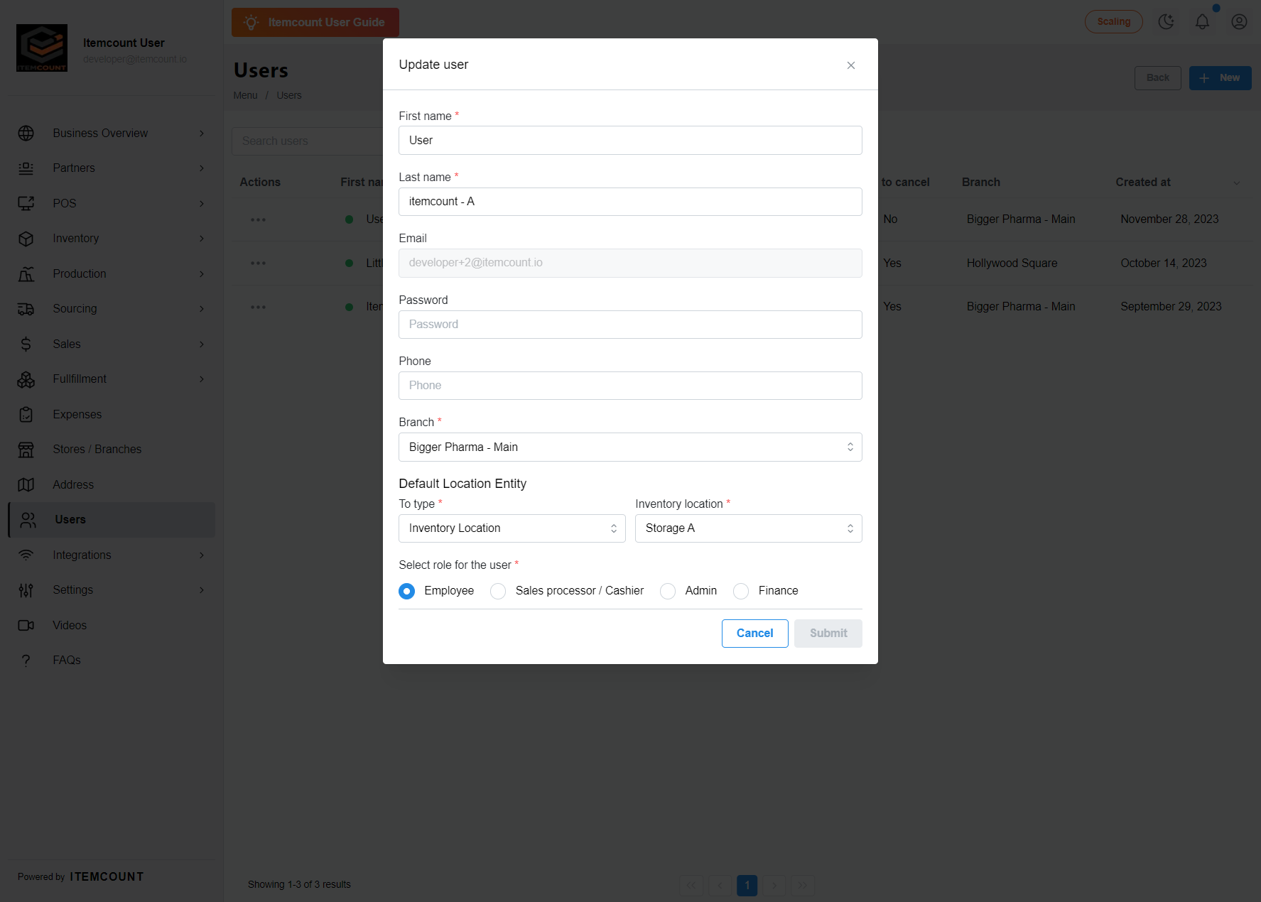You can update the user's information and entity here; just remember to submit after you make changes.
