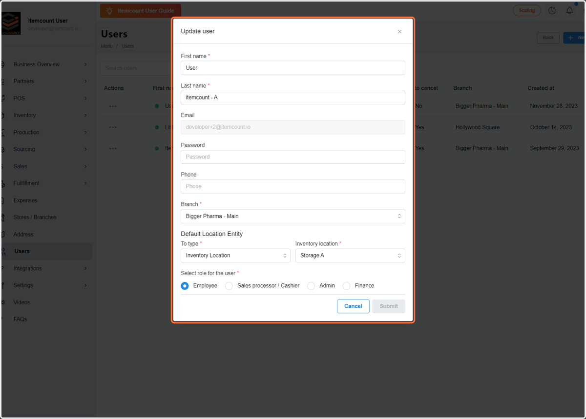 You can update the user's information and entity here; just remember to submit after you make changes.