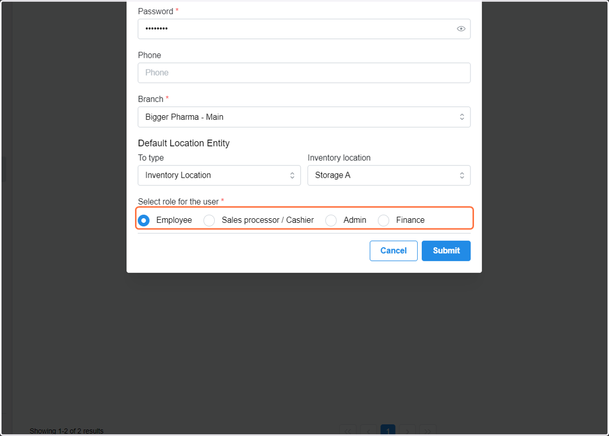Select the role of a user.