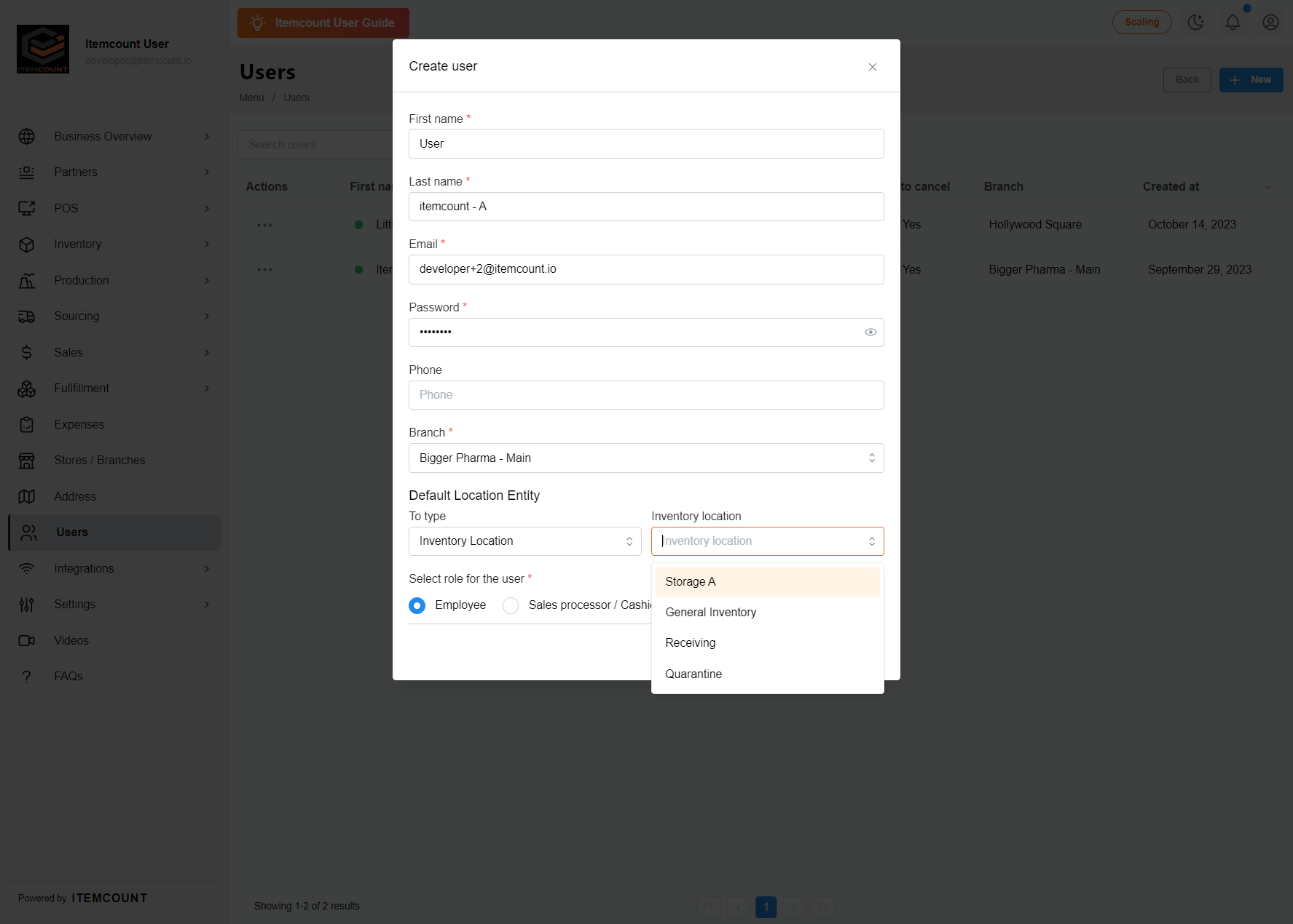 After selecting the inventory type, choose the exact location or branch you would like to assign to this user.