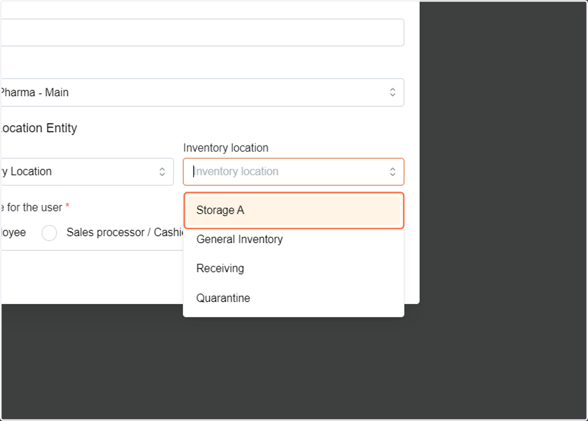After selecting the inventory type, choose the exact location or branch you would like to assign to this user.