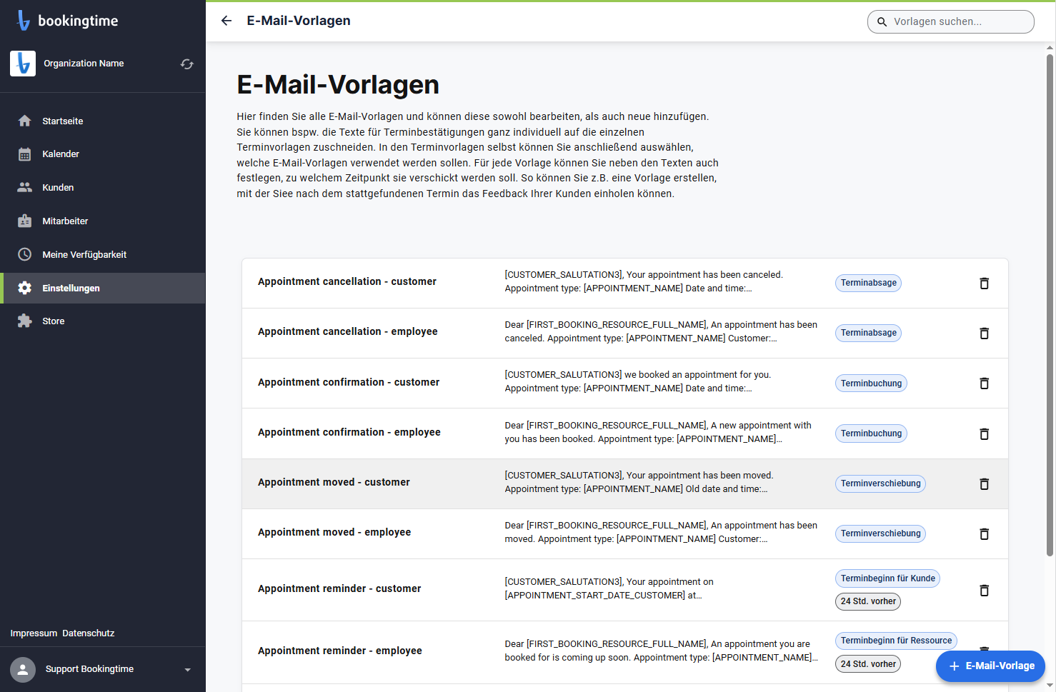 Wählen Sie eine Vorlage zum Bearbeiten zB. "Appointment moved - customer".
