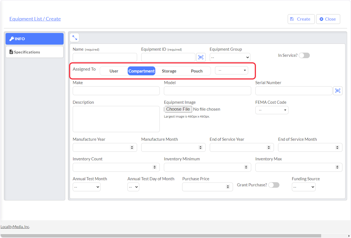 Assign the equipment to either a user, compartment, storage or pouch by selecting the appropriate category and then selecting the location from the dropdown. 