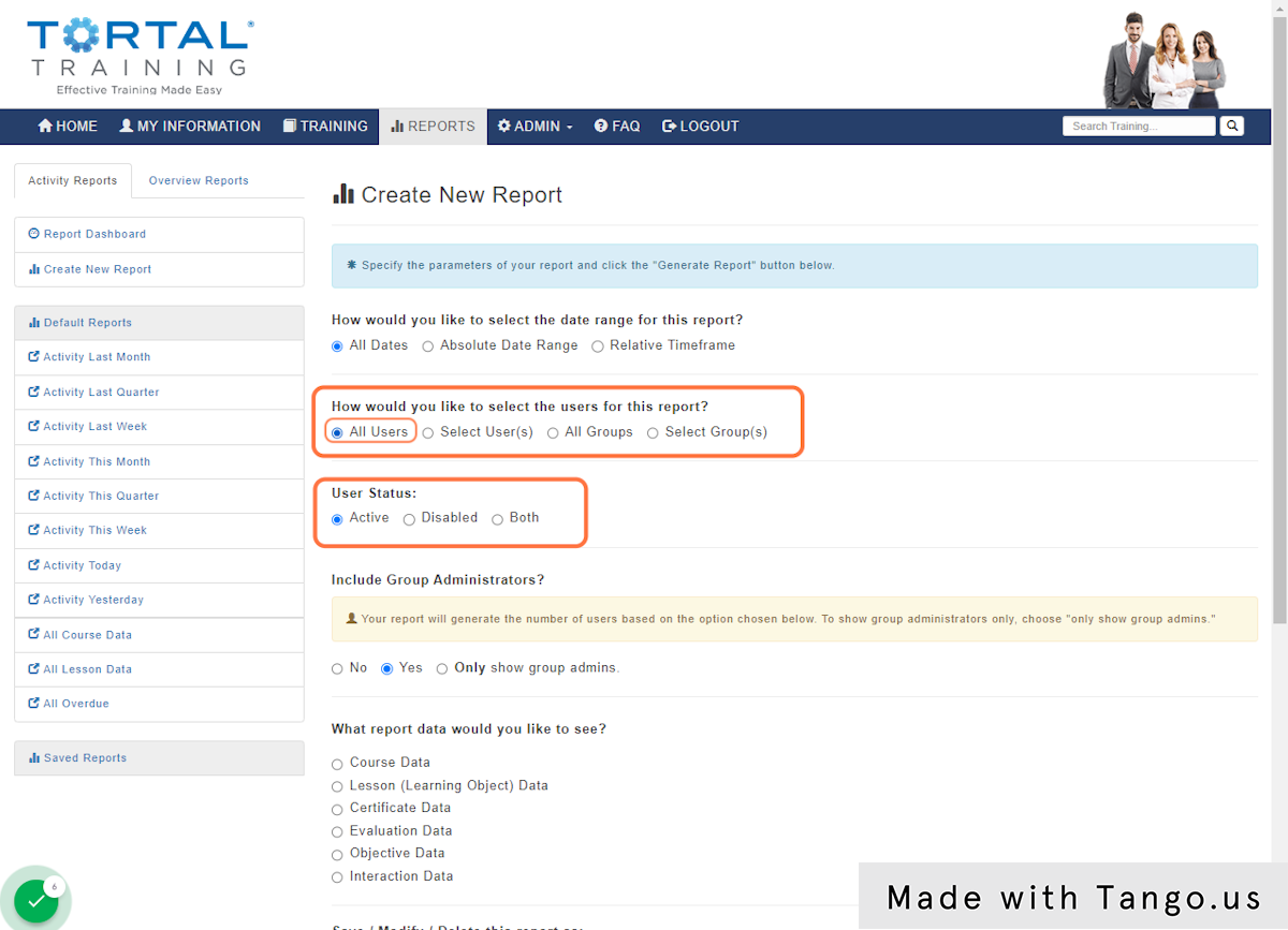 Select the Users & Status for your Report