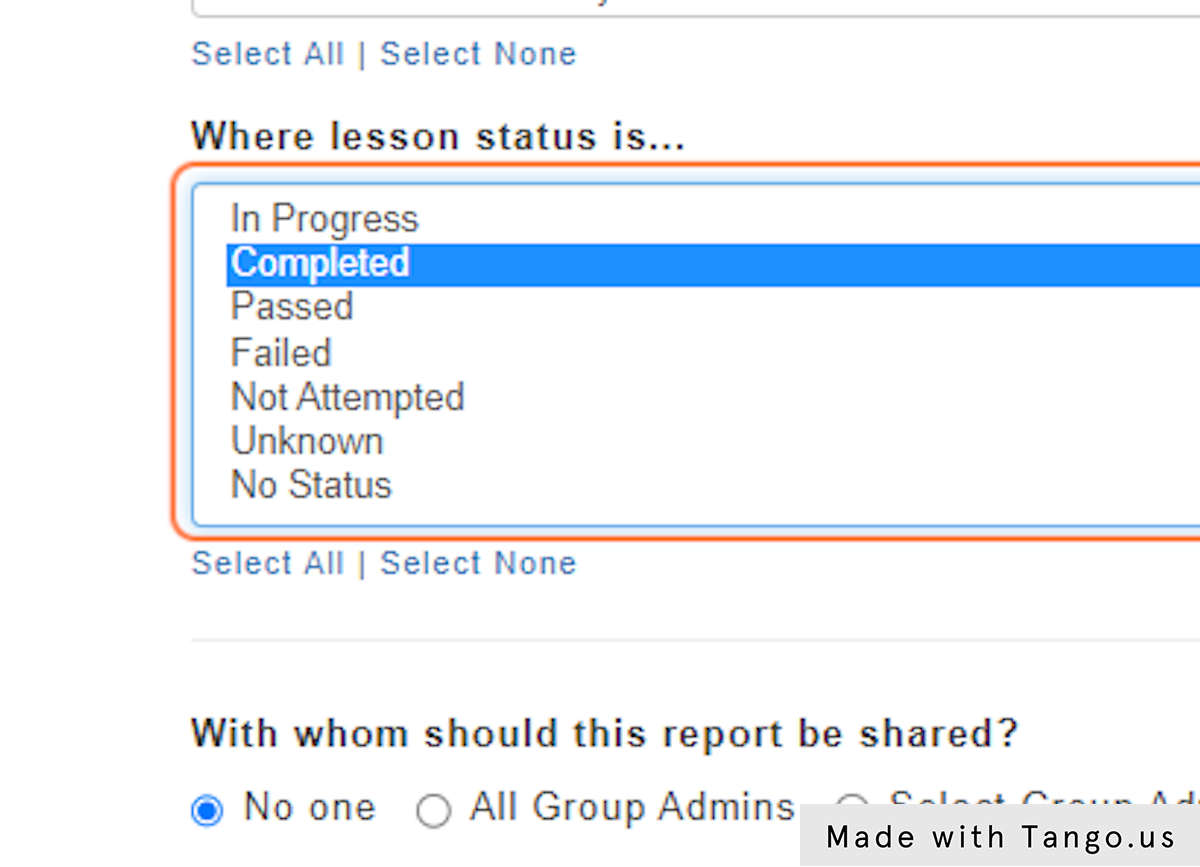 Select "Completed" from the Lesson Status 
