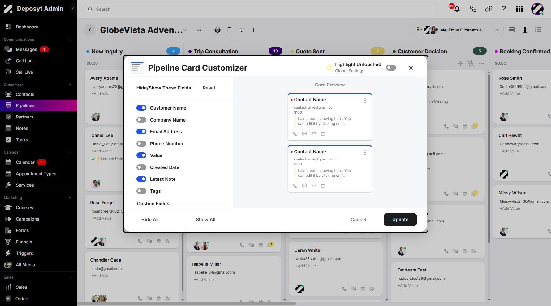 Step 6: A pop-up window will appear, allowing you to customize the card layout. Toggle the selected fields on or off to enable or disable them. You can also use the Reset, Hide All, and Show All buttons for quick adjustments.