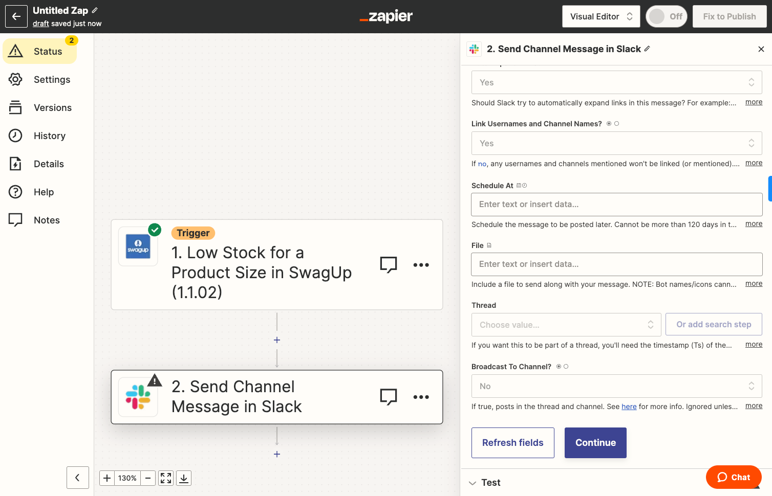 Click Continue and Publish to begin receiving Slack messages.