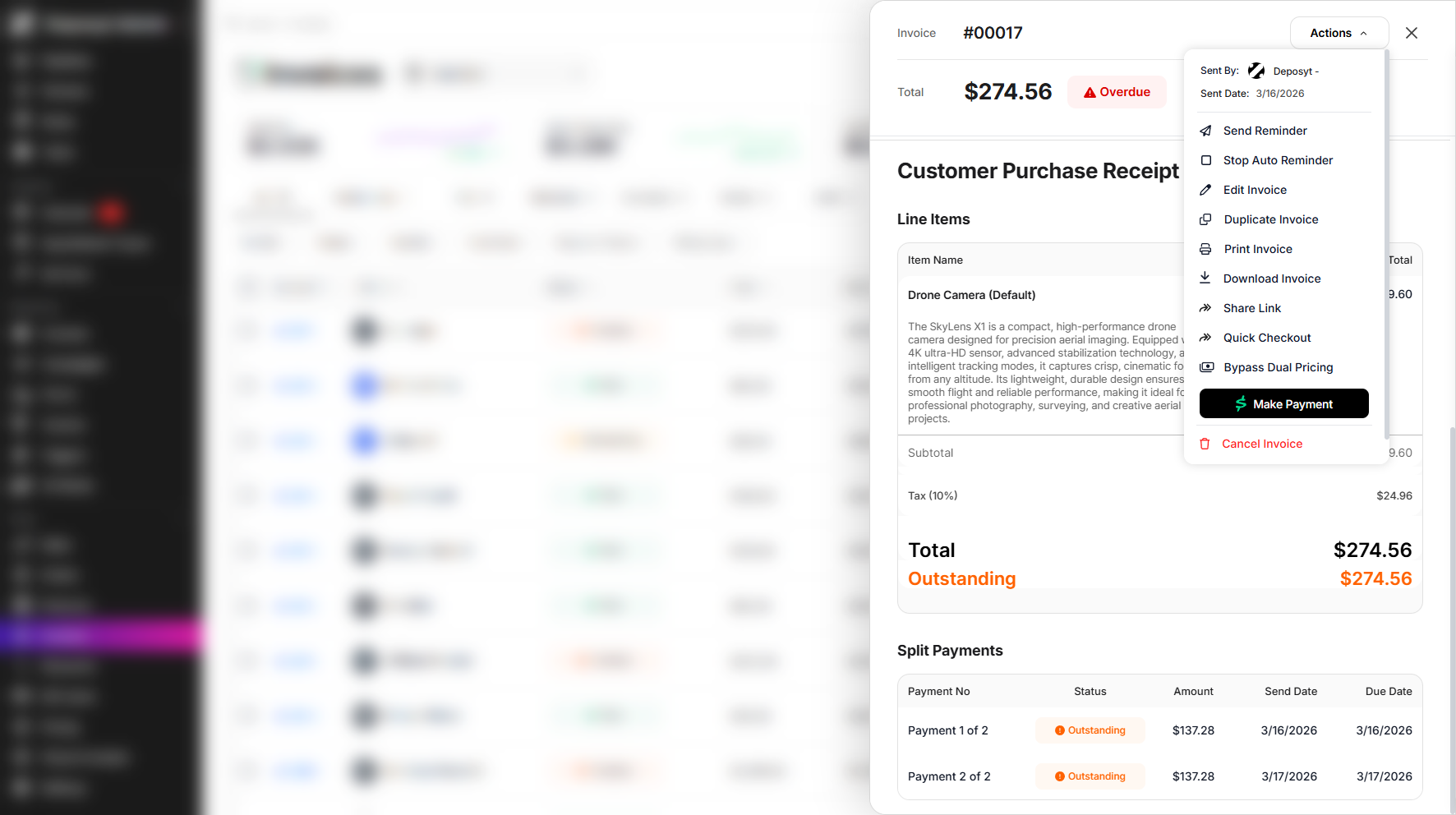Step 7: Within the Invoice Preview pop-up, you can perform actions by clicking the Actions dropdown menu.