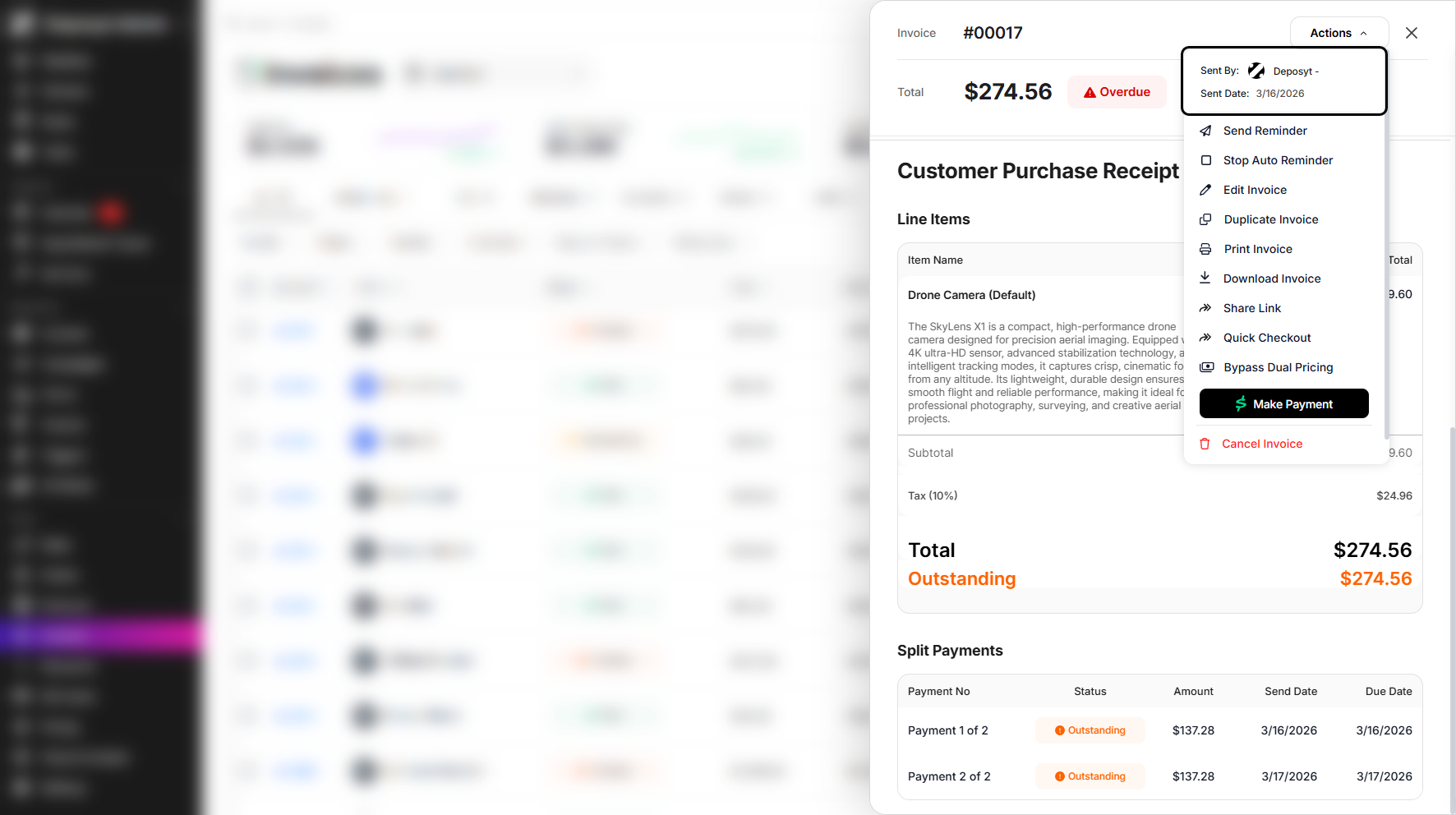Step 7: Within the Invoice Preview pop-up, you can perform actions by clicking the Actions dropdown menu.