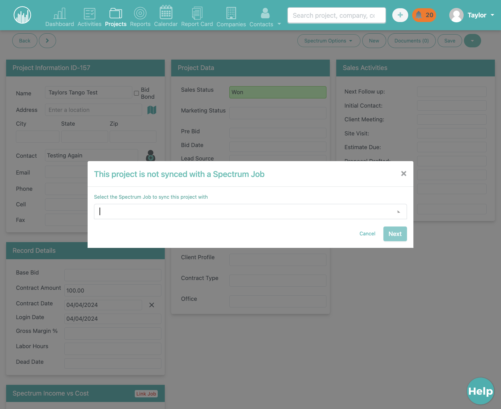Click on This project is not synced with a Spectrum Job…