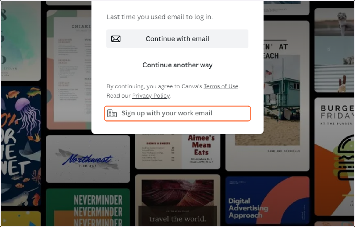 Click on Sign up with your work email