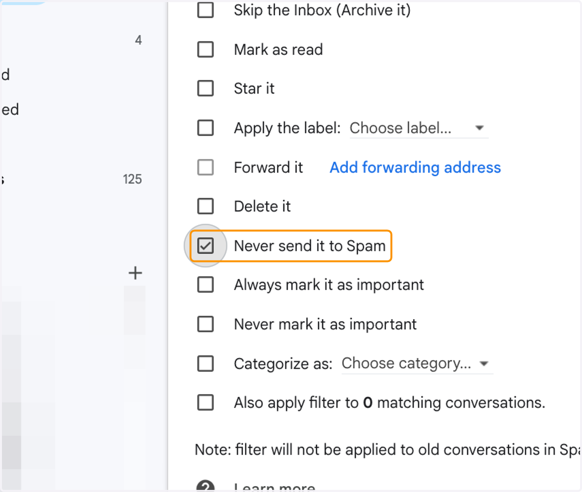 Check Never send it to Spam