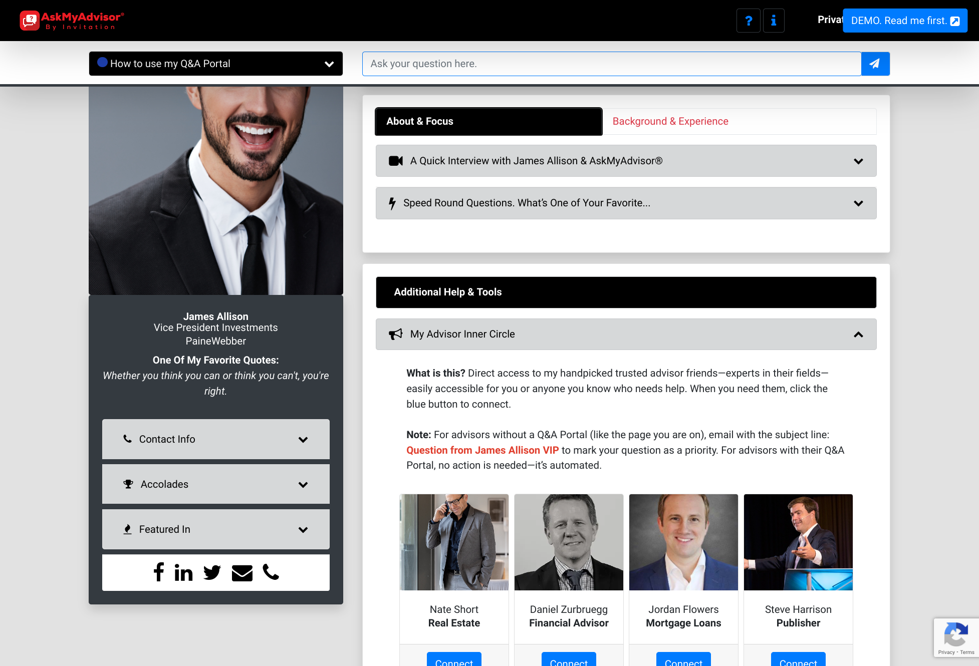 Click on What is this? Direct access to my handpicked trusted advisor friends—experts in their fields—easily accessible for you or anyone you know who needs help. When you need them, click the blue button to connect.…