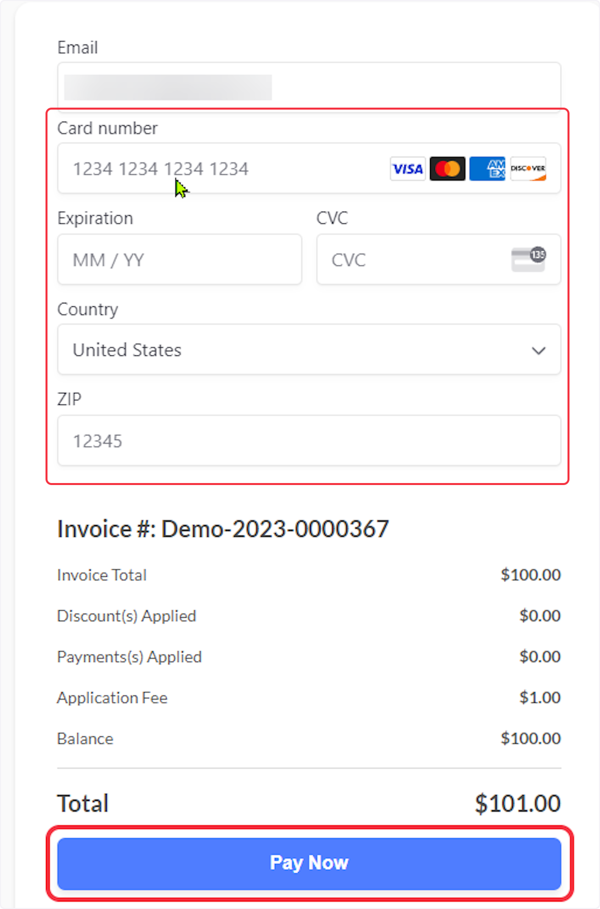 The Invoice Contact will enter payment details and click on Pay Now.