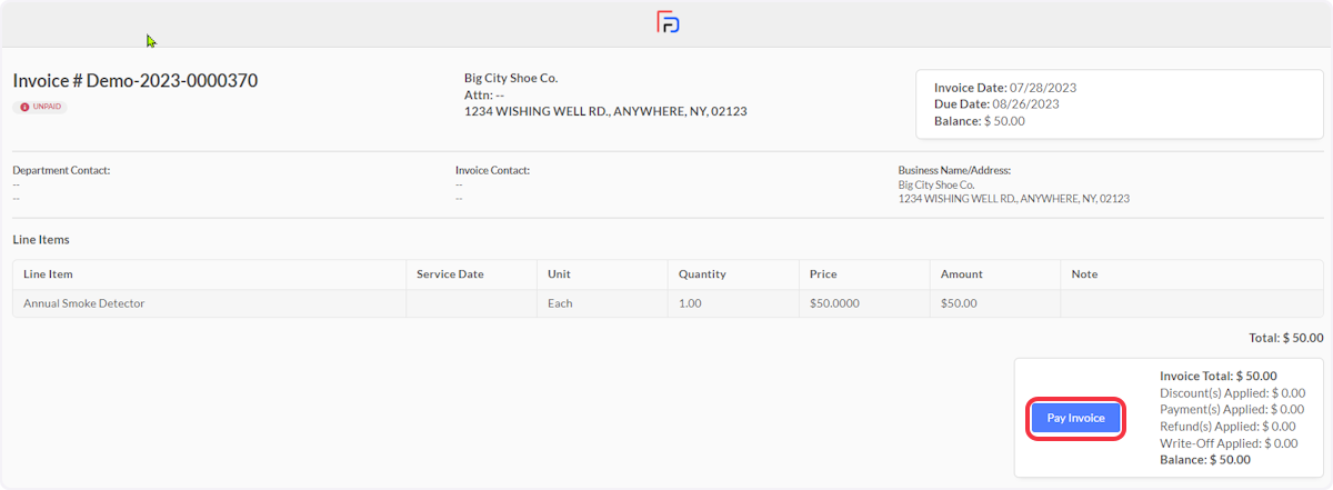 After reviewing the Invoice details, the Invoice Contact will click on the Pay Invoice button.