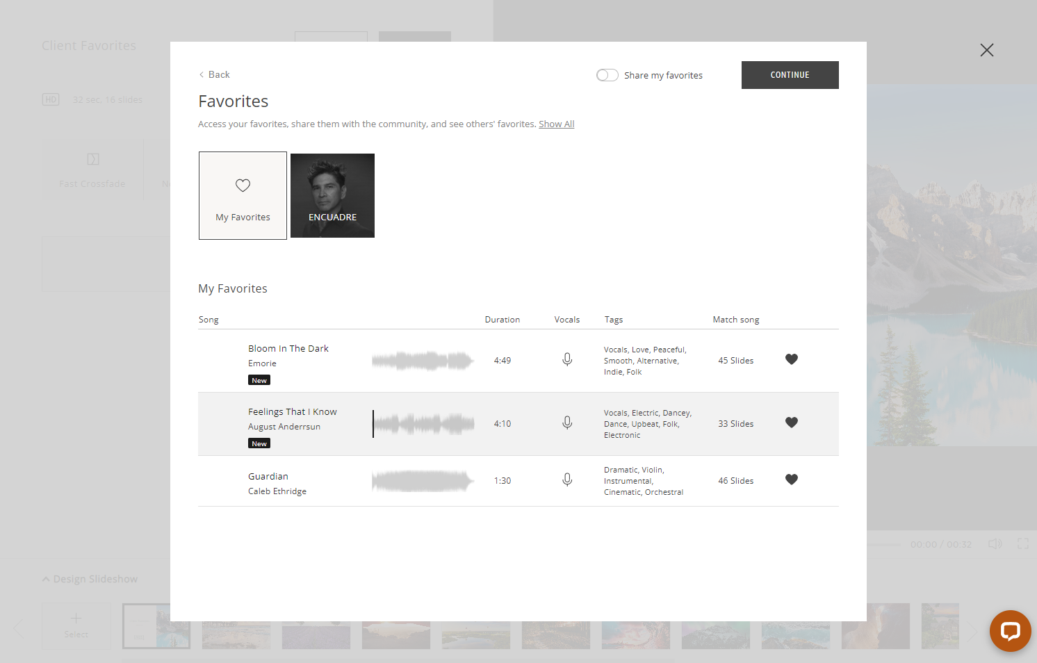To add the track to your slideshow, click on the track to select it, and press "Continue".