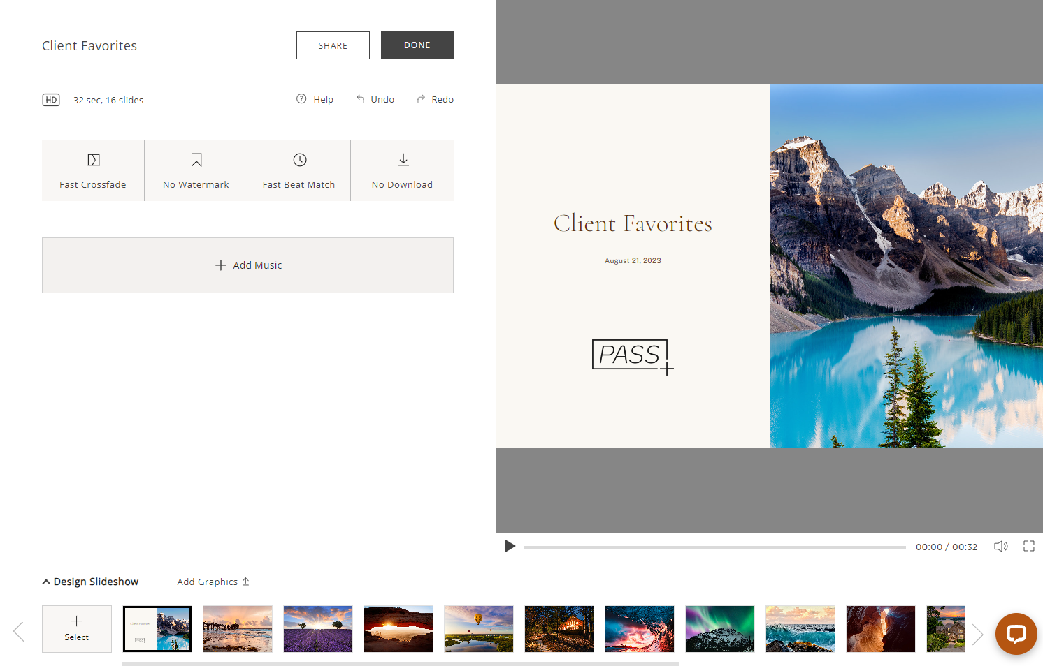 From the Slideshow Editor, click "+ Add Music" to browse through Pass Gallery’s music library.