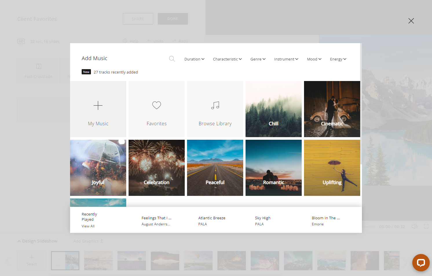In the music library, you can upload your own tracks (.mp3 files only).