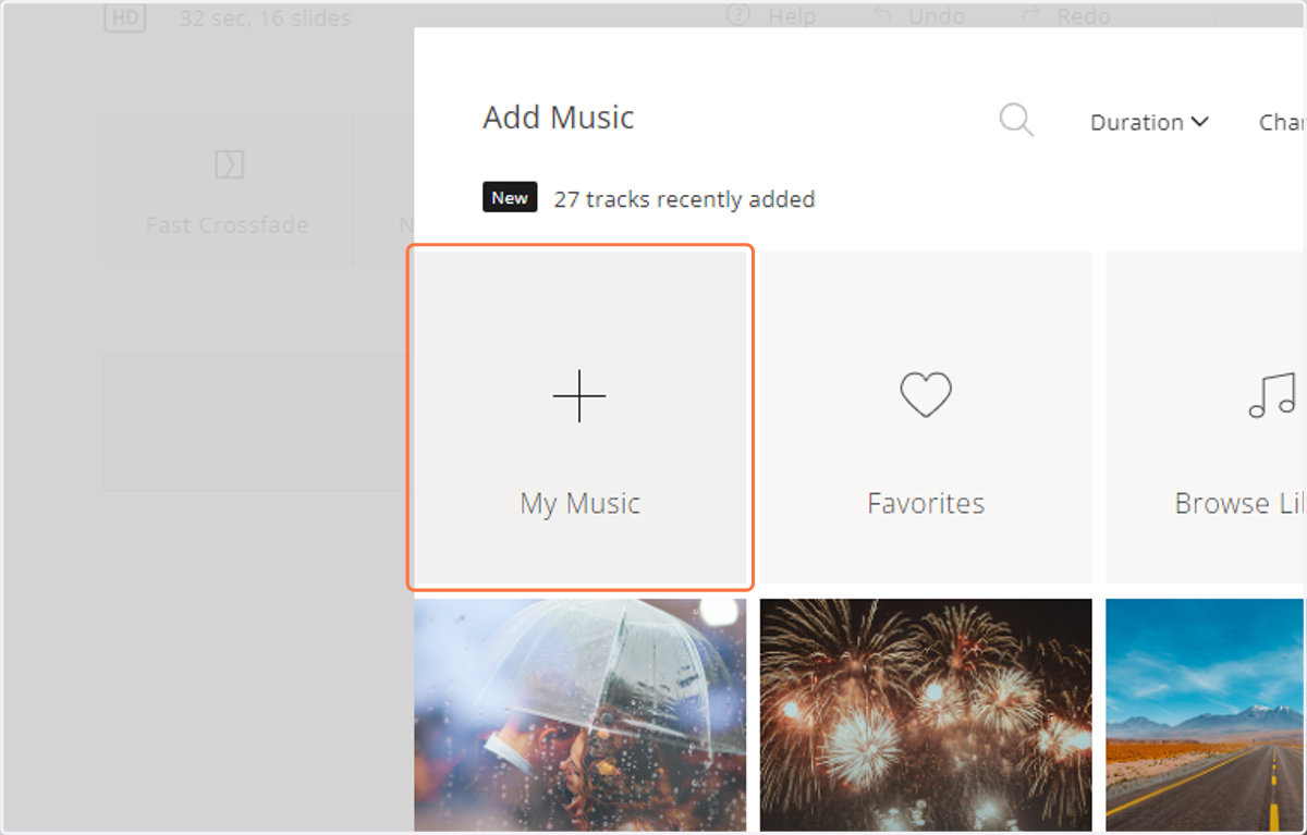 In the music library, you can upload your own tracks (.mp3 files only).