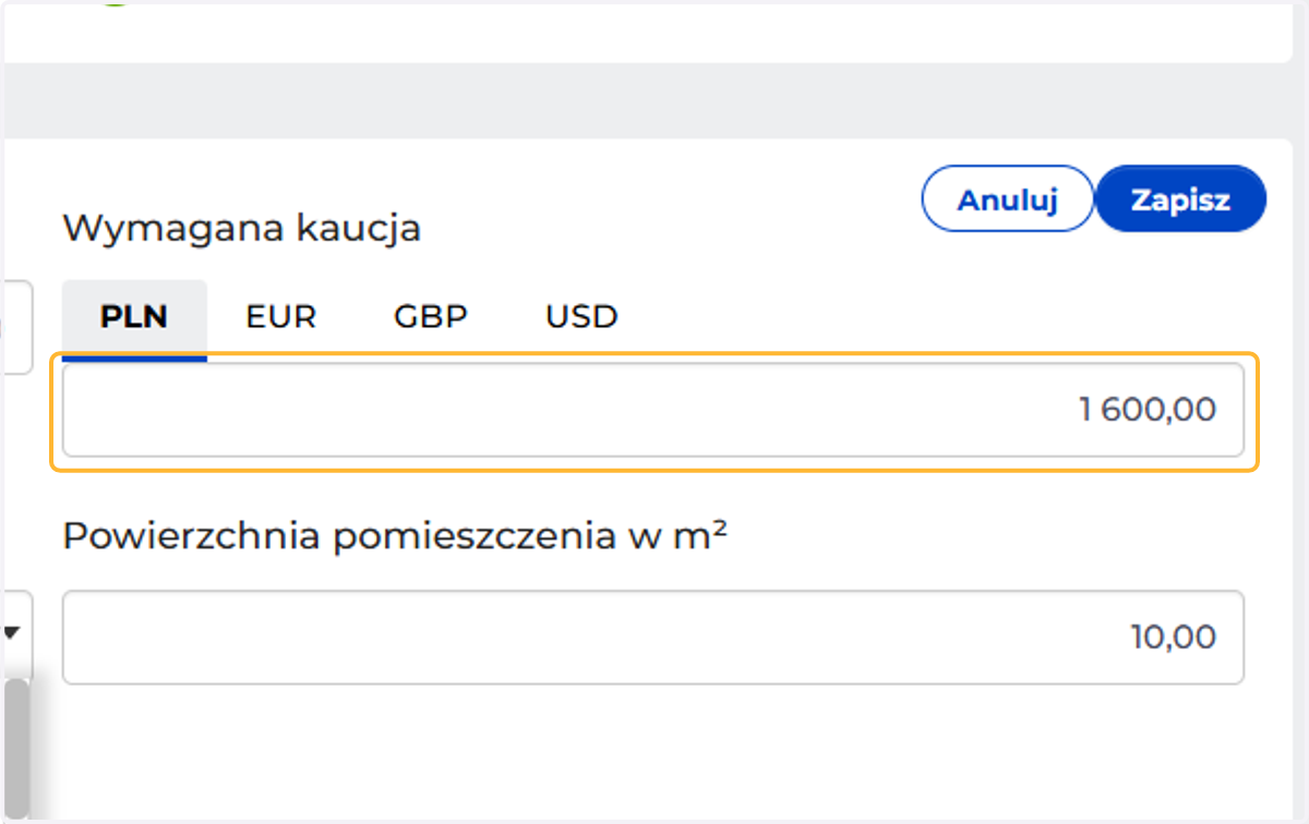 Uzupełnij wymaganą kaucję dla tego pomieszczenia