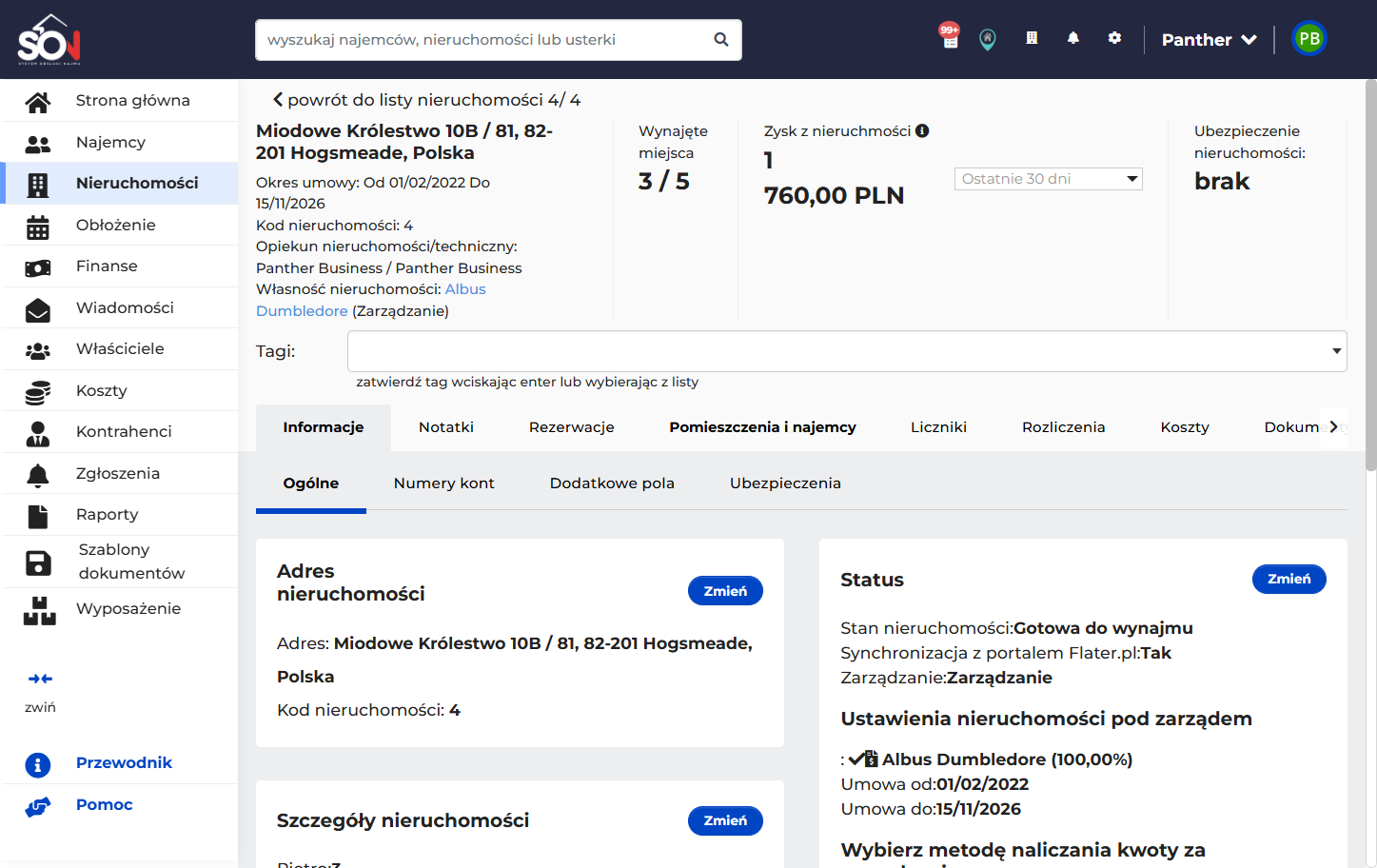 W zakładce pomieszczenia i najemcy