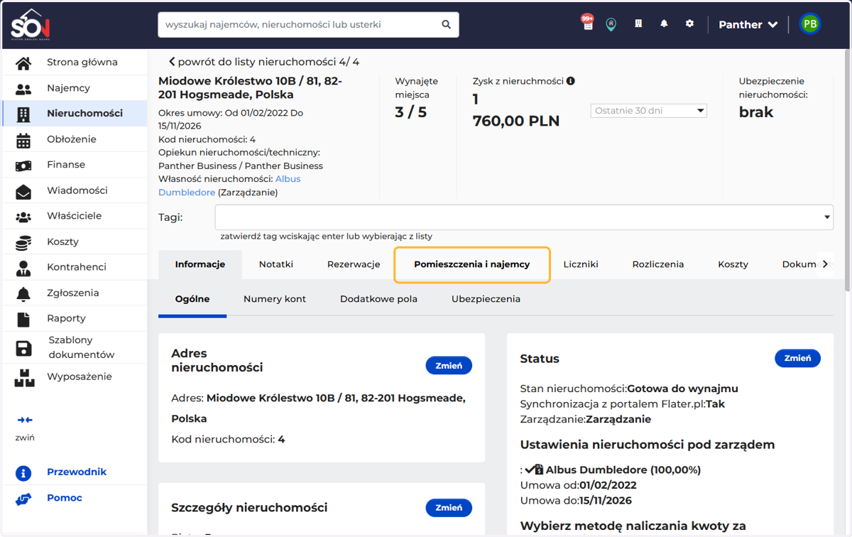 W zakładce pomieszczenia i najemcy