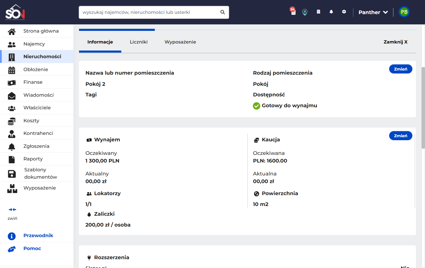 W tej sekcji znajdują się informację o wynajmie, lokatorach oraz kaucji, tutaj możesz je zmienić
