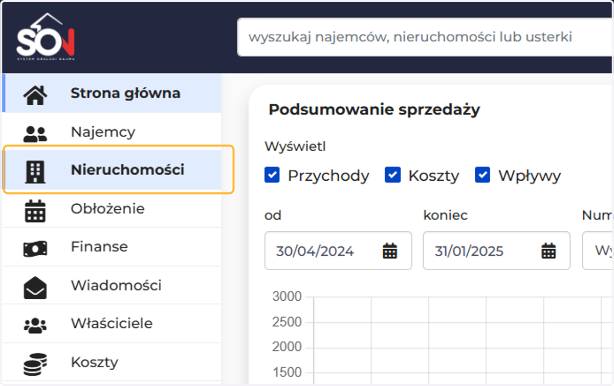 Wejdź w menu nieruchomości