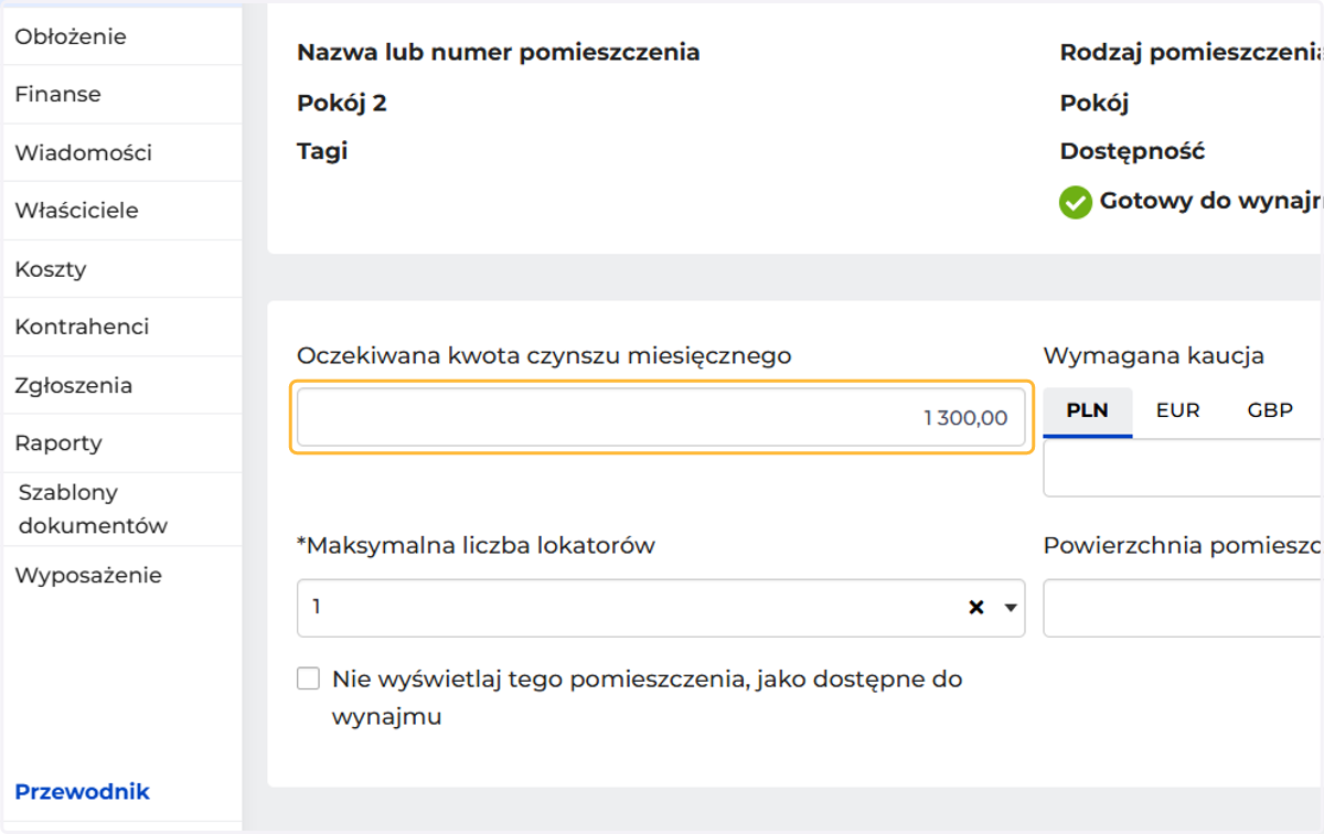 Wpisz oczekiwaną kwotę czynszu