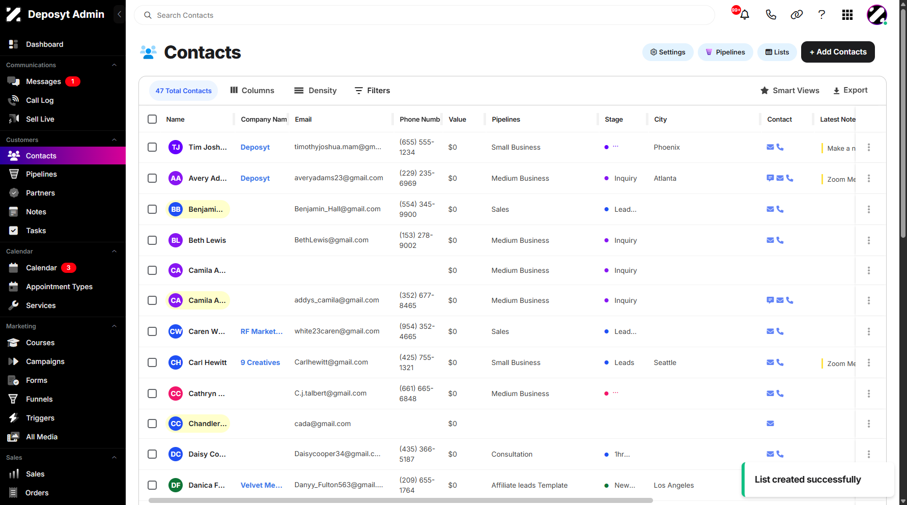 Step 8: A notification will appear confirming that your lists were successfully created. Lists refer to groups or collections of contacts organized based on specific criteria or purposes.