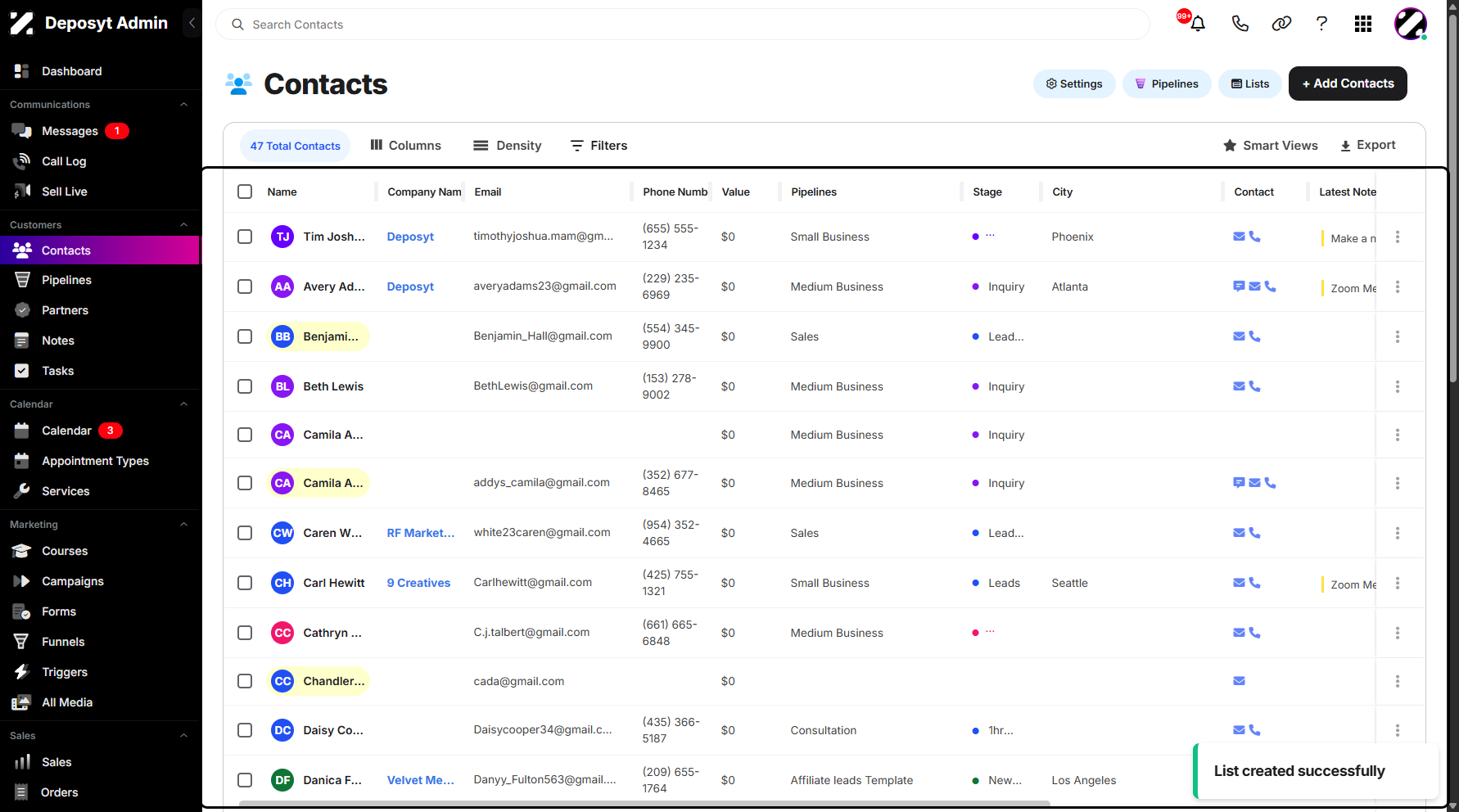 Step 8: A notification will appear confirming that your lists were successfully created. Lists refer to groups or collections of contacts organized based on specific criteria or purposes.