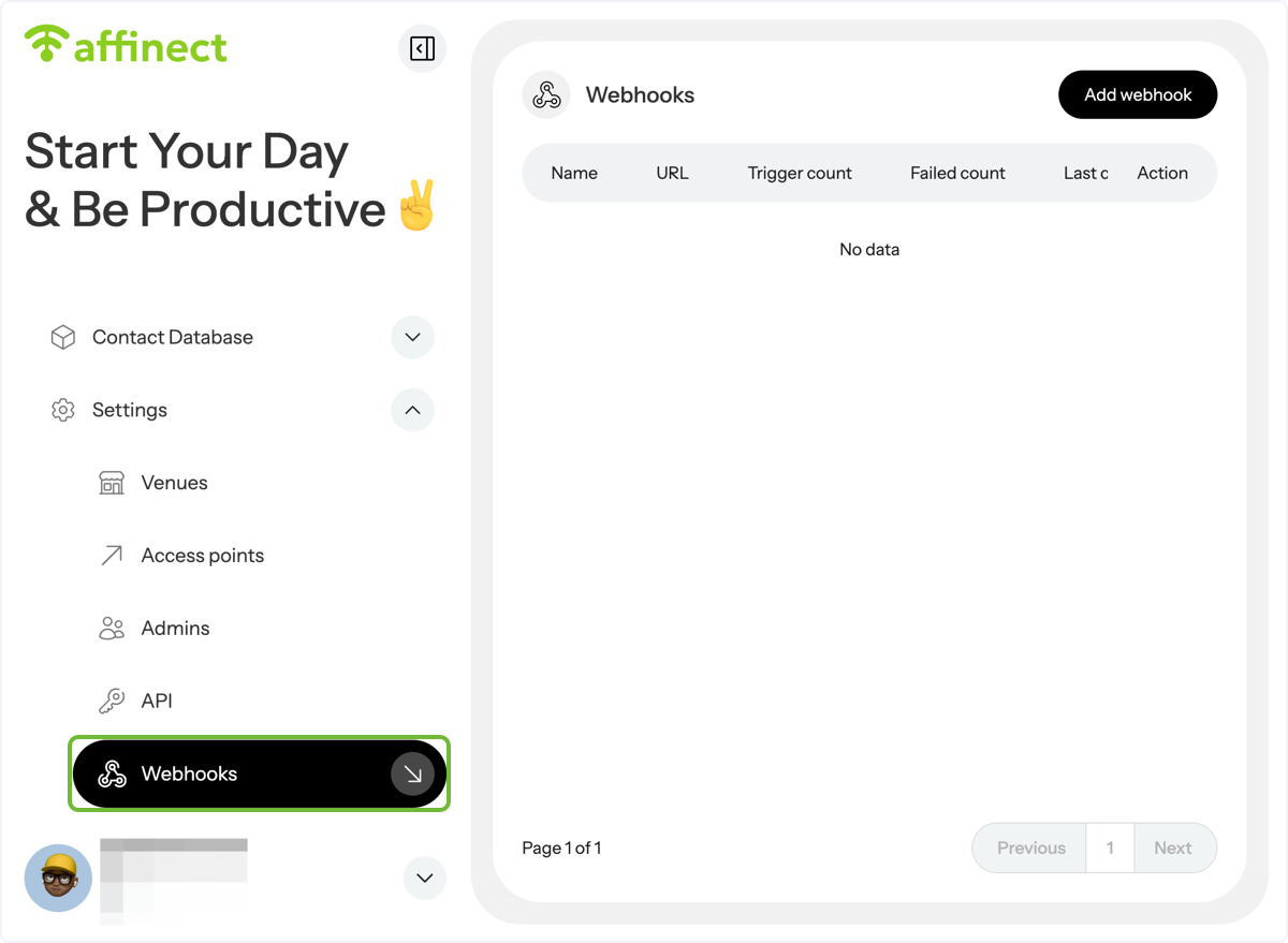 Click 'Settings' on the left-hand side of the dashboard and select Webhooks from the drop-down menu.