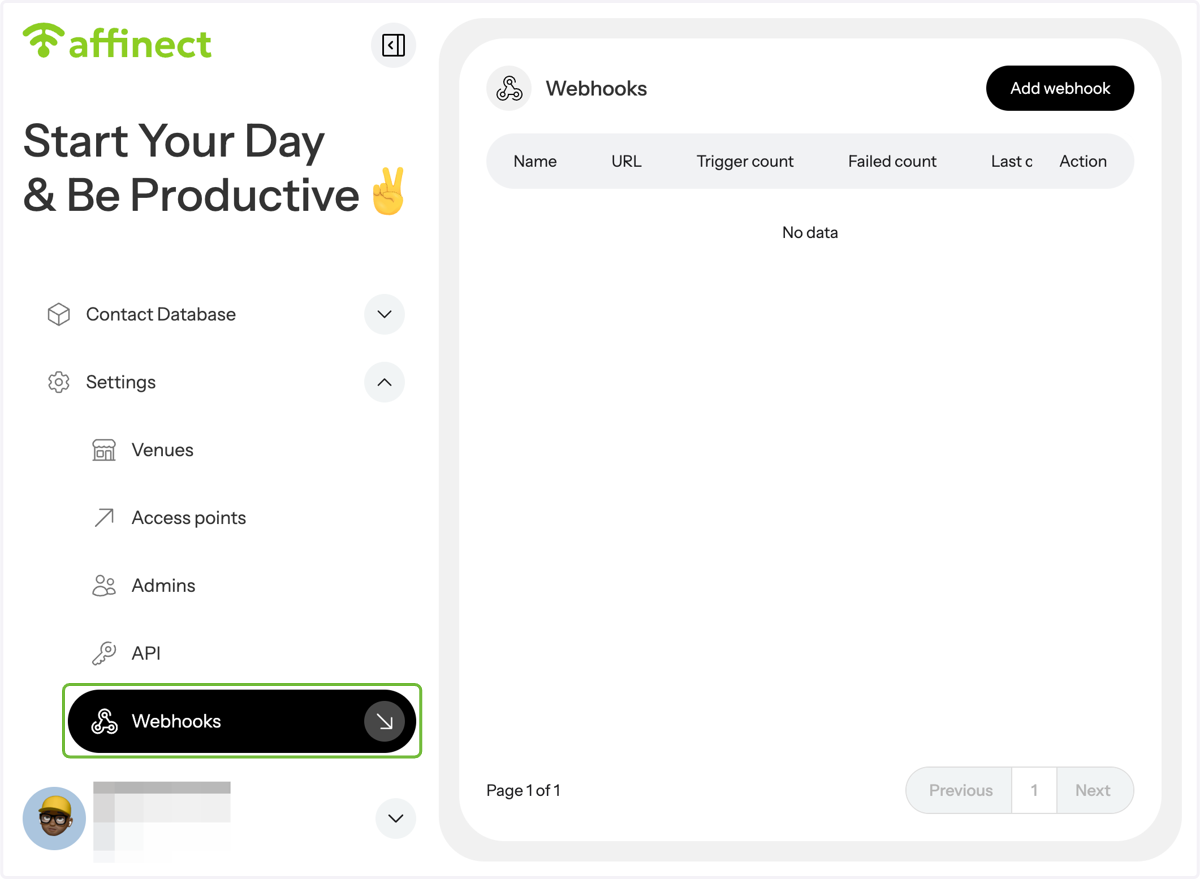 Click 'Settings' on the left-hand side of the dashboard and select Webhooks from the drop-down menu.