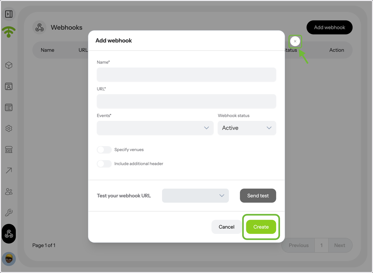 Once you're done, click 'Create' and close the tab by clicking the cross next to it. Tada! That's all. Happy Connecting and Adding Webhooks!