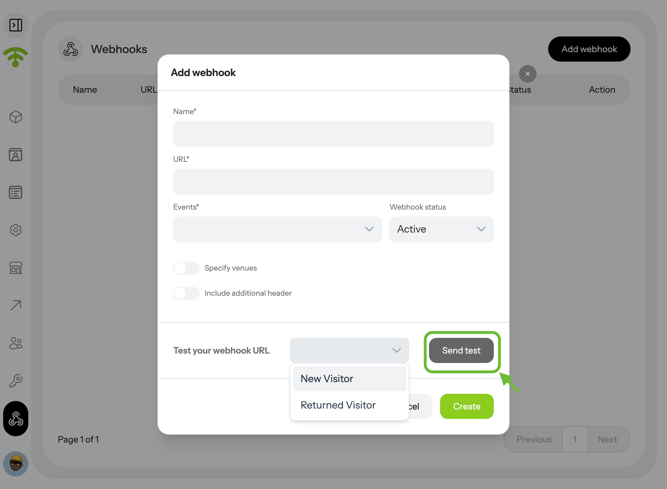 To test the webhook URL, select either New Visitor or Returned Visitor, then click 'Send Test' to verify the connection.