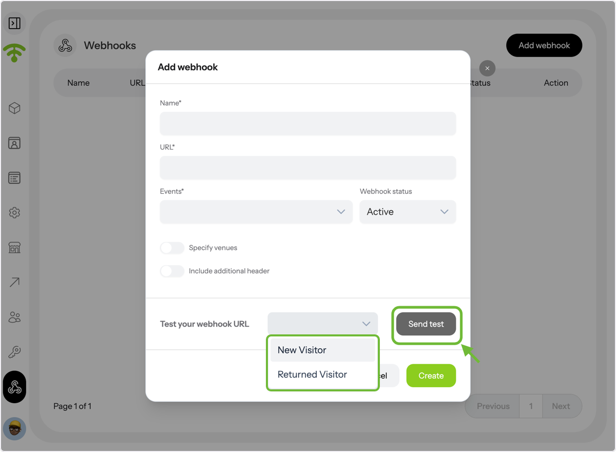 To test the webhook URL, select either New Visitor or Returned Visitor, then click 'Send Test' to verify the connection.