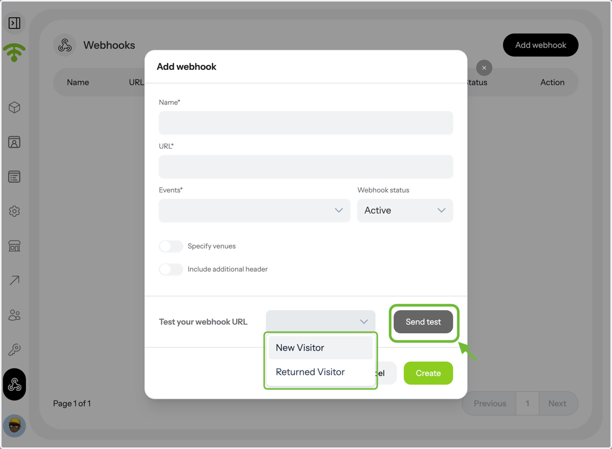 To test the webhook URL, select either New Visitor or Returned Visitor, then click 'Send Test' to verify the connection.